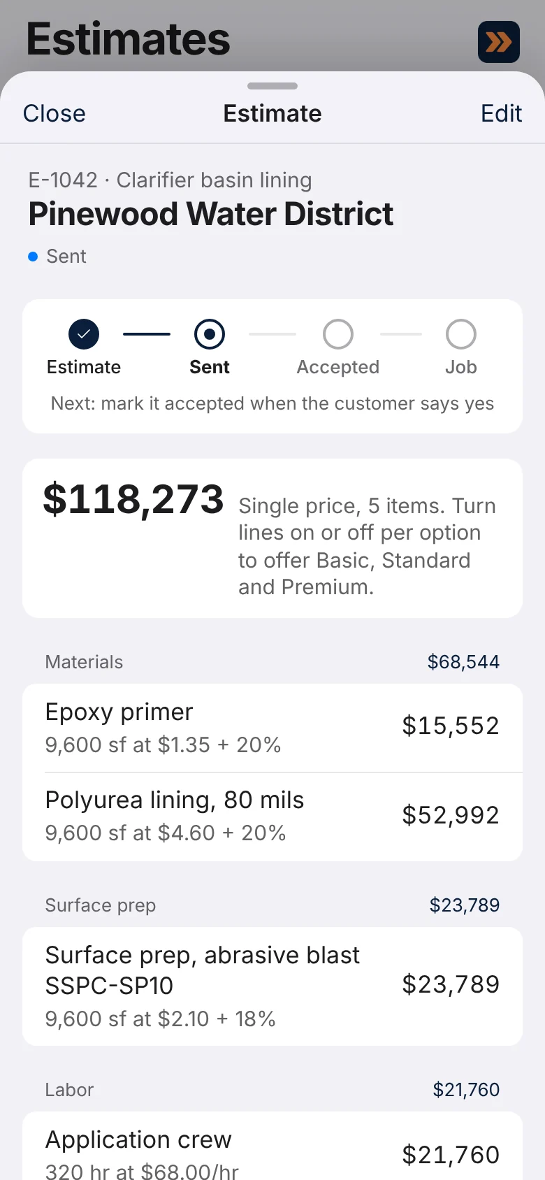 An estimate on a phone: primer, polyurea lining and surface prep line items, the total and where it stands.