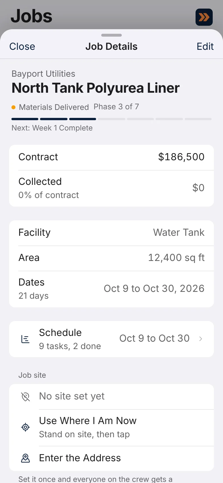 A job on a phone: contract, collected, area, dates, the schedule and the job site.
