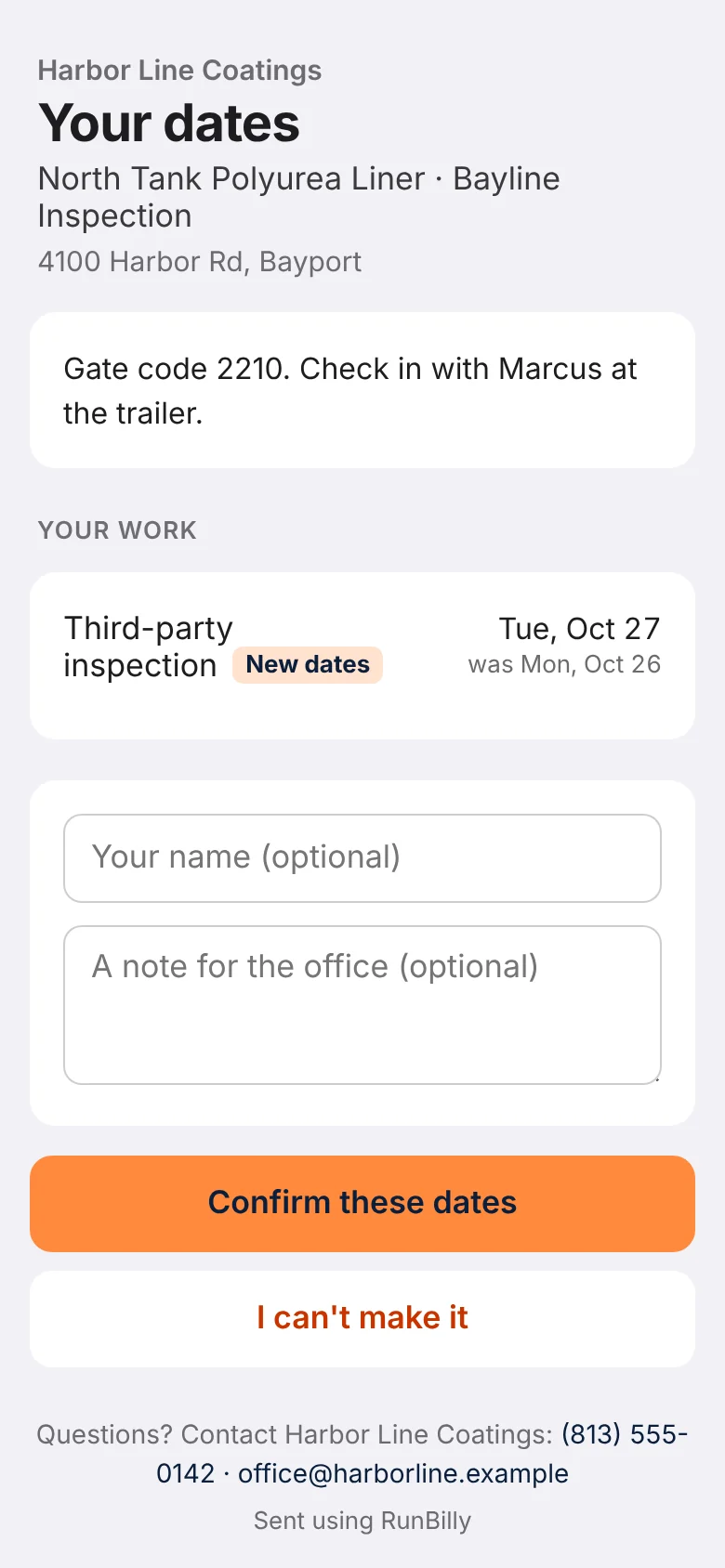 A subcontractor's dates on a phone with buttons to confirm or say they can't make it.
